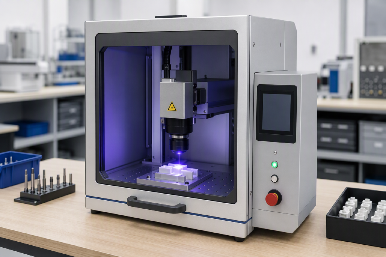 Machine de marquage laser UV gravant une pièce plastique